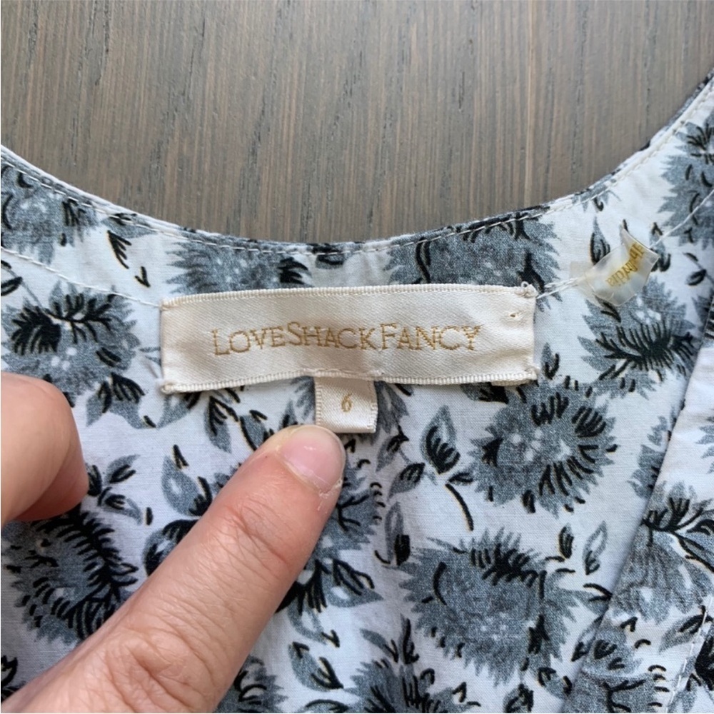 LoveShackFancy Paris Grey Floral Ruffle Tiered Long Puff Sleeve Mini Dress Sz 6 - Picture 12 of 15